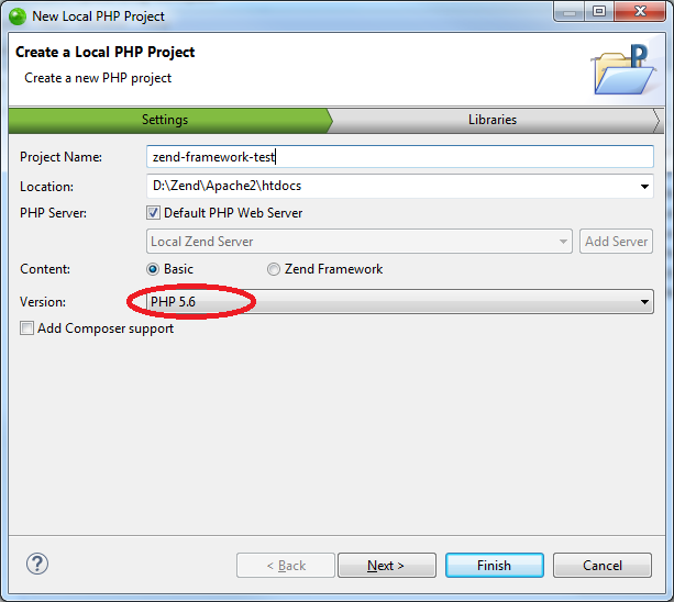 The New Local PHP Project dialog in Zend Studio 13 