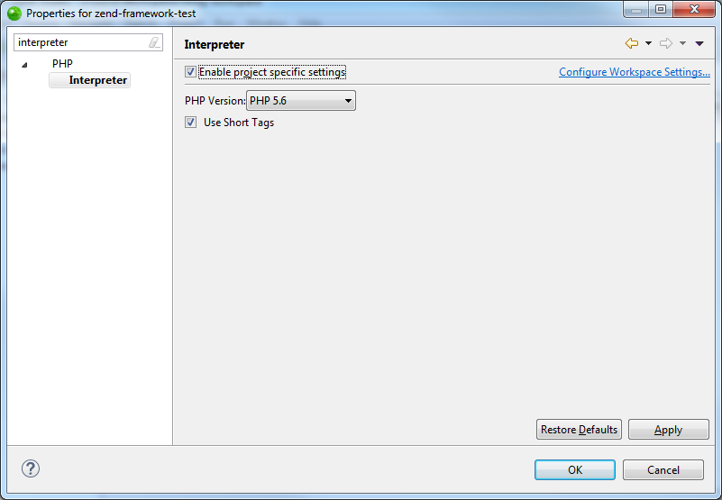 Zend Studio PHP Interpreter Dialog